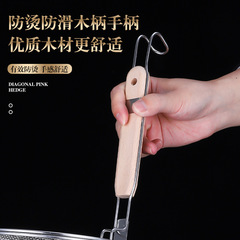 Kitchen stainless steel powder hanging sieve hot pot scoop noodle ladle vegetable scalding basket wooden handle filtering spoon large colander wholesale