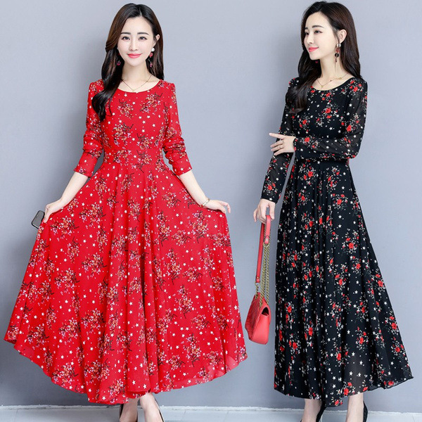 2024 Spring and Autumn New Korean style plus size elegant printed large swing dress long sleeve round neck mid-length printed skirt fashion
