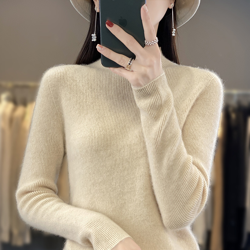 반 높이 칼라 타이트베이스 셔츠 여성용 가을 신식 서양식 슬림 핏 슬림 핏 긴팔 스웨터 미드 넥 탑