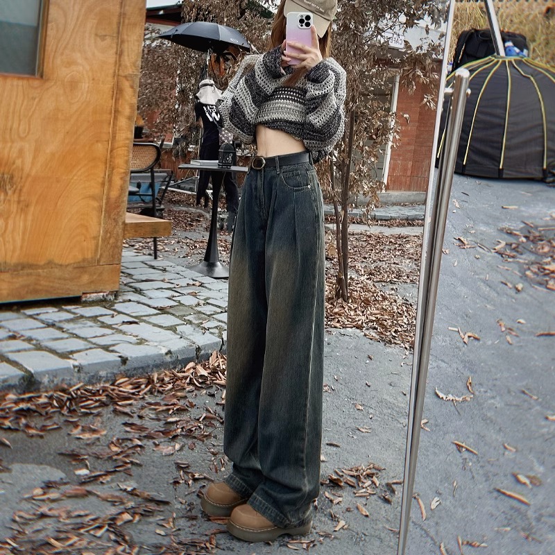 멀티 추천 기모 높은 허리 넓은 다리 청바지 여성의 2023 가을과 겨울 새로운 주름 디자인 느슨한