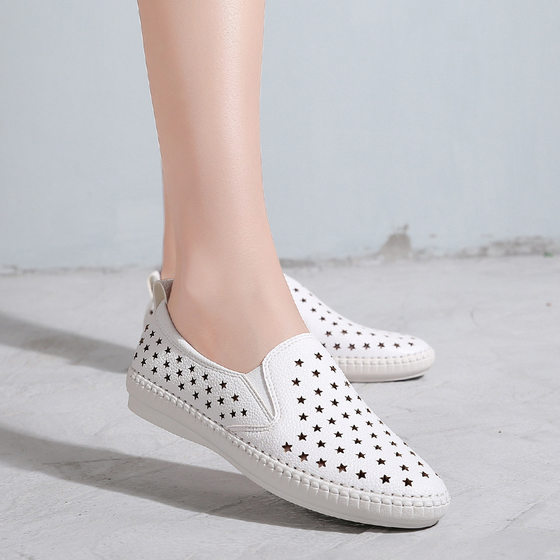 Shoes Summer 2025 New Non-slip Pedal Hollow Out Soft Shoes Student White Shoes Women's Flat Shoes 33 Size