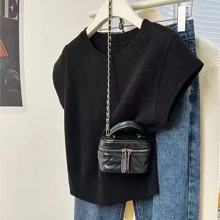 Prendas de punto sin mangas con hombros de color azul grisáceo, manga corta para mujer, sentido de diseño de primavera y verano, chaleco de nicho, camiseta de manga voladora pequeña, top image 3