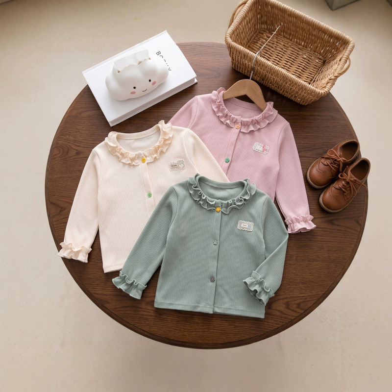 Children's Spring and Autumn Lace Collar Cardigan Jacket, Girls' Long-Sleeve Top with Doll Collar Embroidery, Baby Jacket