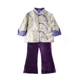 儿童棉衣冬季加厚改良唐装宝宝冬装紫色保暖外套女童对襟棉服套装