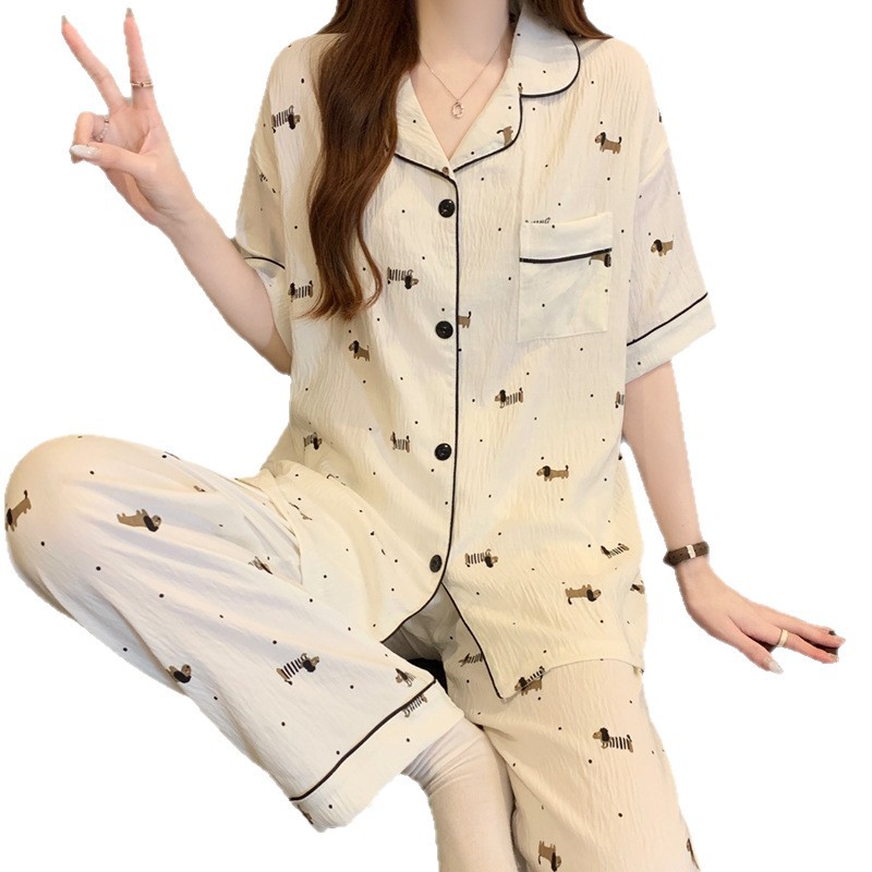 Verano nuevo pijama de algodón nublado pareja suelta pantalones largos de manga corta de dos piezas se puede usar ropa de casa mujer