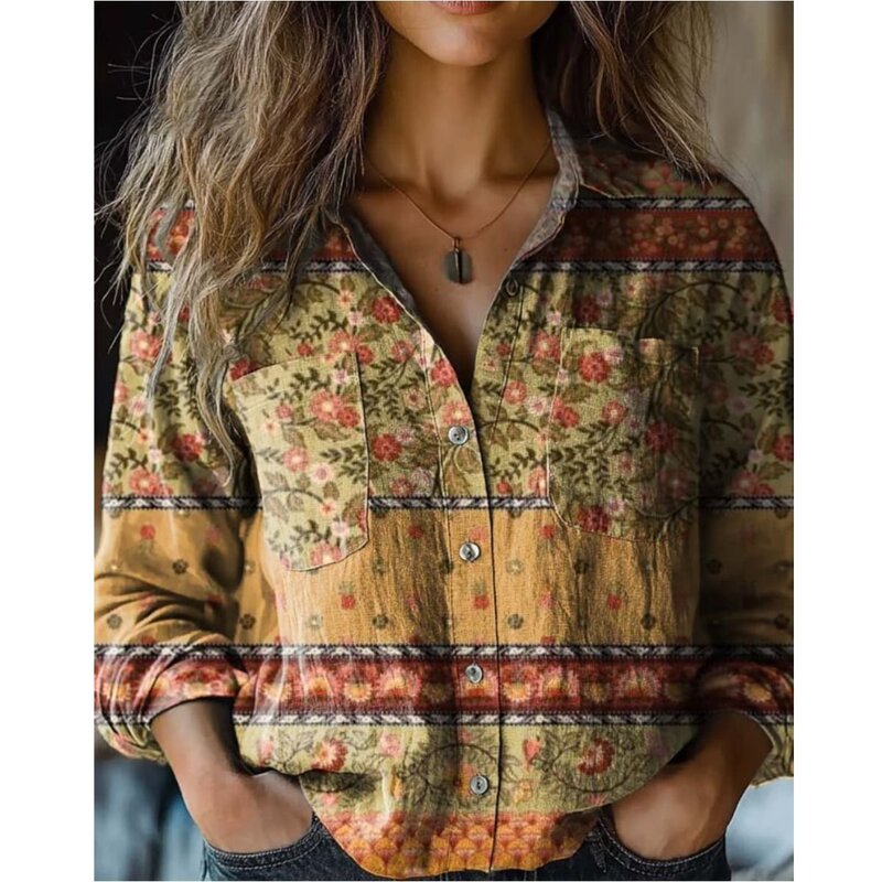European and American Cross-Border Tk New Geometric Print Cross-Border Button Large Size 3D Digital Loose Women's Shirt Long-Sleeved Shirt