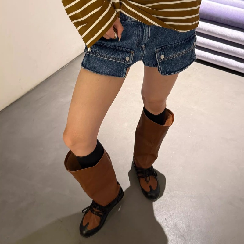 牛皮版~2025早秋新款宽筒显瘦薄底真皮一脚蹬芭蕾舞长筒靴女|undefined