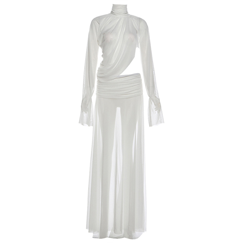 Women's Winter Fashion High Neck Bell Sleeve Top And Slit Long Skirt Set Sexy See Through European American Style New_voghion.com