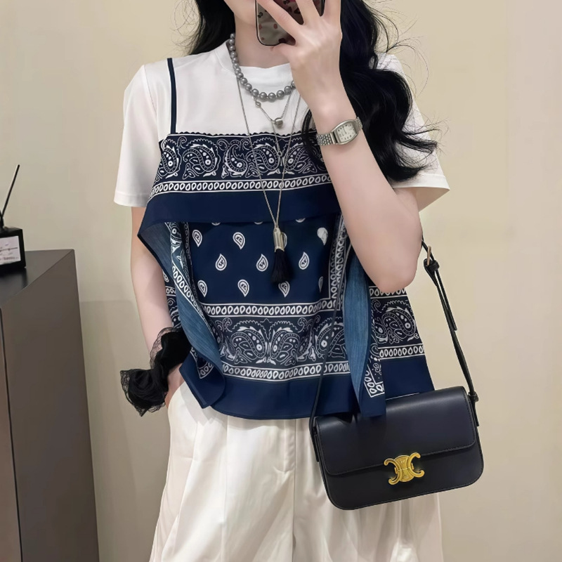 夏の女性向けエスニック風半袖Tシャツ、小さめ、ユニークなデザイン、おしゃれなフェイクツーピース半袖トップス|undefined