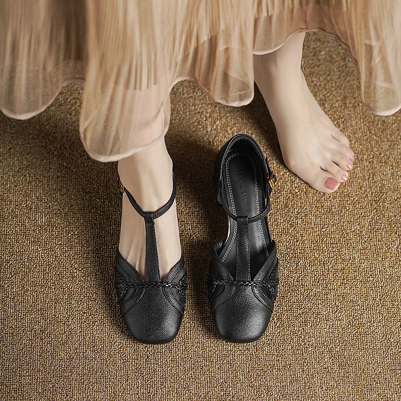 Giày sandal cao gót nữ hở mũi da cừu lưới gót vuông quai chữ T — đen