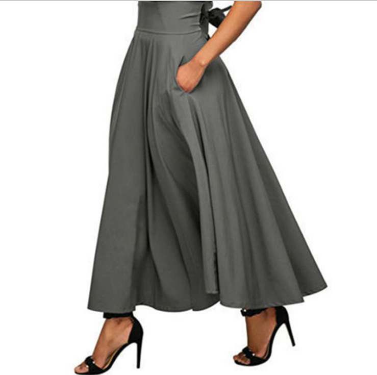 Women's Spring Midi Skirt Solid Color Lace Up Ankle Cinching A-Line Long Skirt European American Style Casual Polyester_ecoleips.com