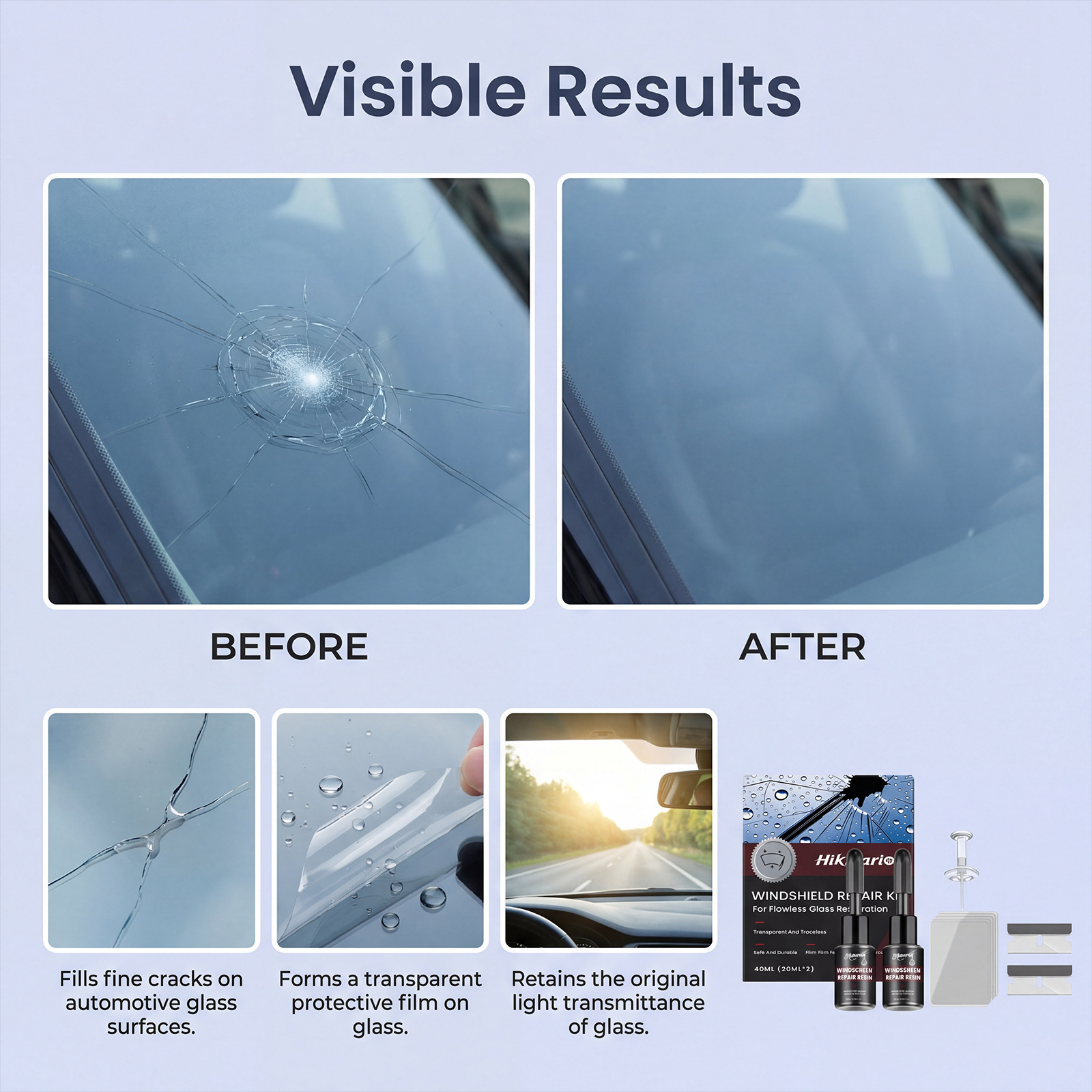 Hikmarion Car Windshield Care Kit for Daily Repair, Refurbishment, and Maintenance of Car Window Glass Cracks