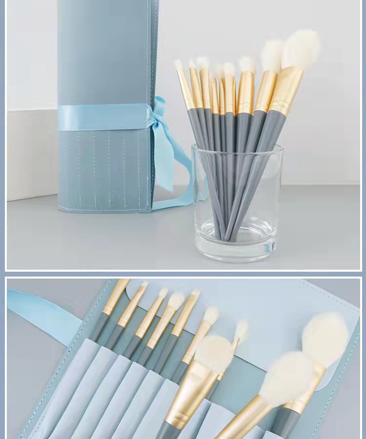 Juego de 10 pinceles de maquillaje Blue Bridge Un juego completo de pinceles profesionales, pinceles suaves para sombras de ojos, pinceles de base, pinceles correctores, herramientas de belleza