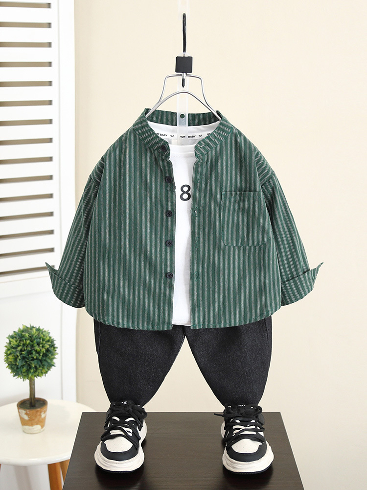 5842 Camisa de manga larga para niños Estilo de primavera y otoño 2024 Nuevo estilo Chaqueta de camisa a rayas de otoño para niños