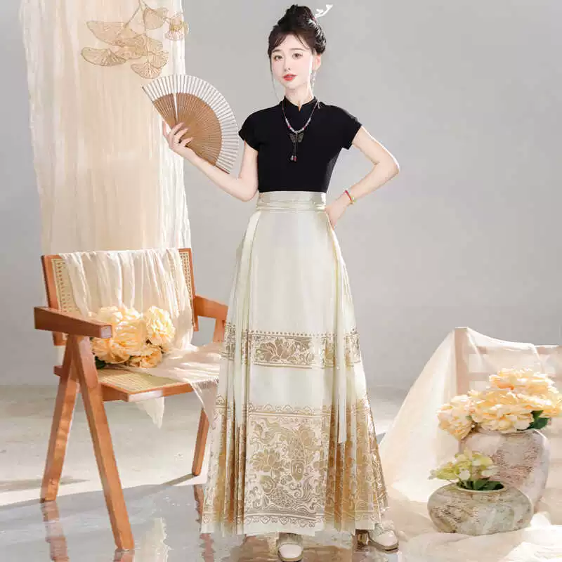 Летняя юбка с короткими рукавами Hanfu Новый китайский тканый золотой костюм для лошадей