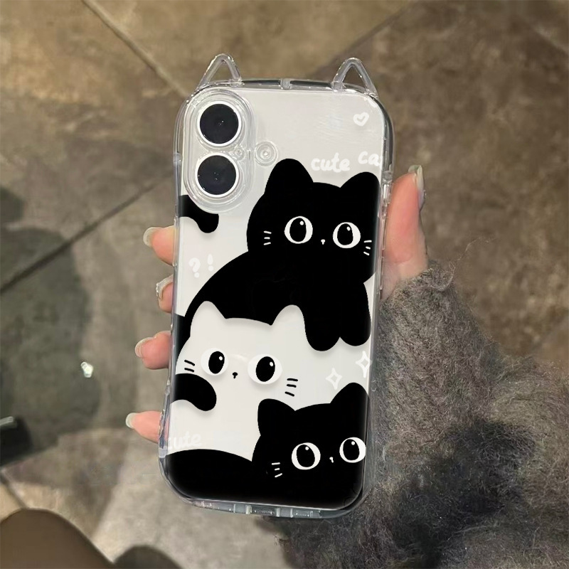 Soft Cute Black and White Kitten Suitable for Iphone17Promax Mobile Phone Case New Stereo Cat Ears Apple 16/15