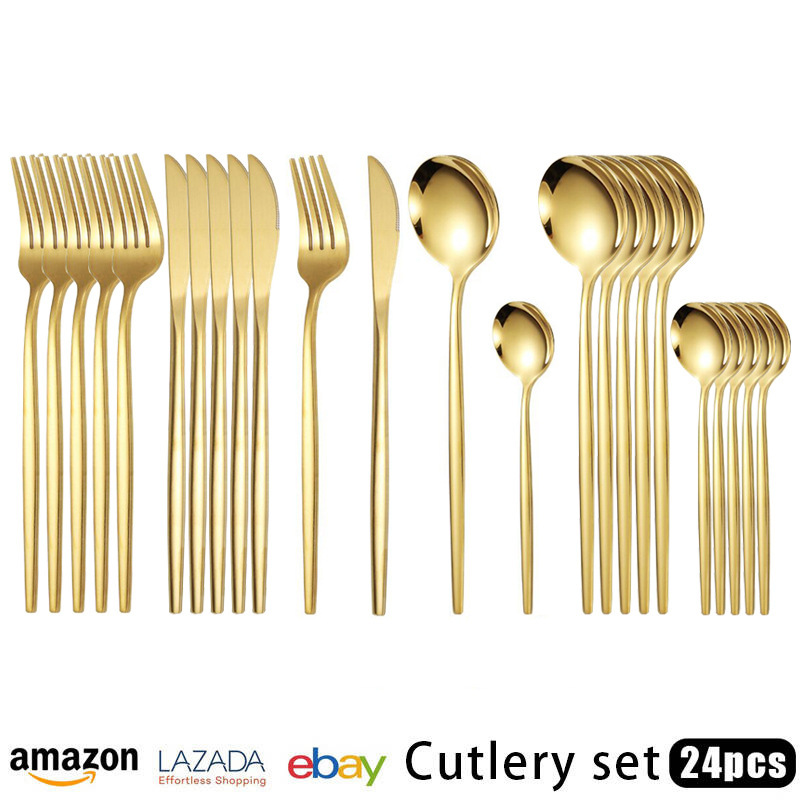 Cutlery set stainless steel knife and fork suit 24-piece tableware suit golden steak knife and fork spoon 6 person
