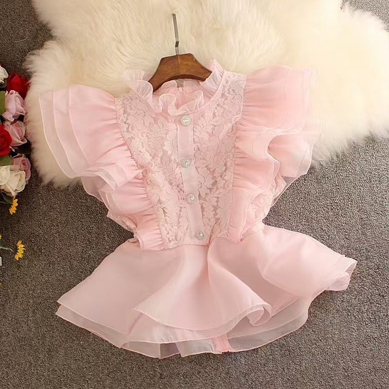 Palace Style Summer New Shirt Women's French Stand-Up Collar Flying Sleeves Waist Short Ruffled Lace Shirt Top