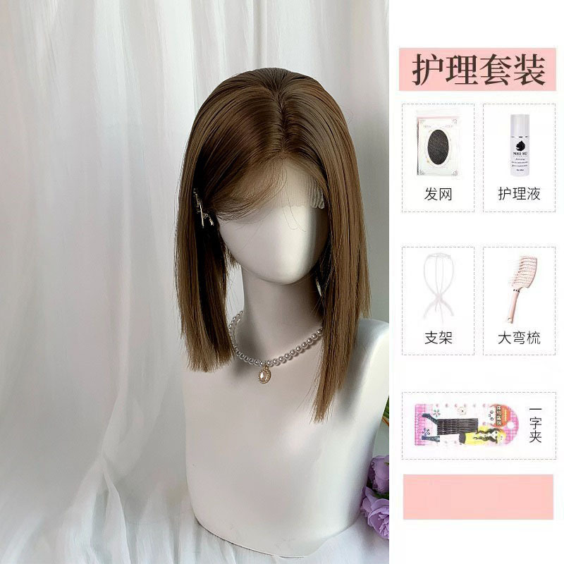 假发亚麻灰棕一刀切短发女全头套前额蕾丝高温丝日常|undefined