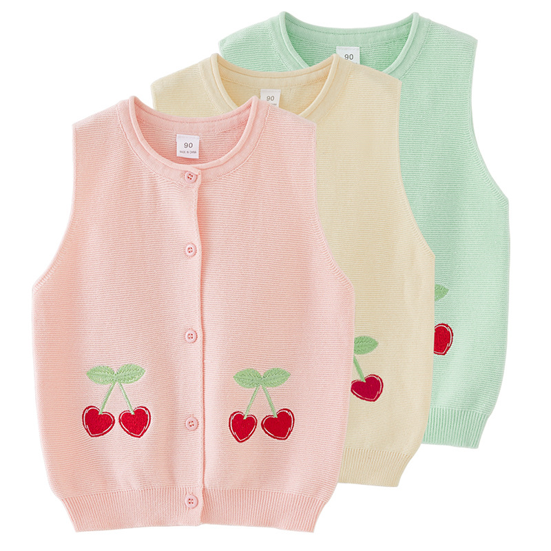 2023 nueva ropa para niños bordado de cereza Chaleco de punto para niñas Chaleco de algodón para niños suéter cardigan entrega de una pieza