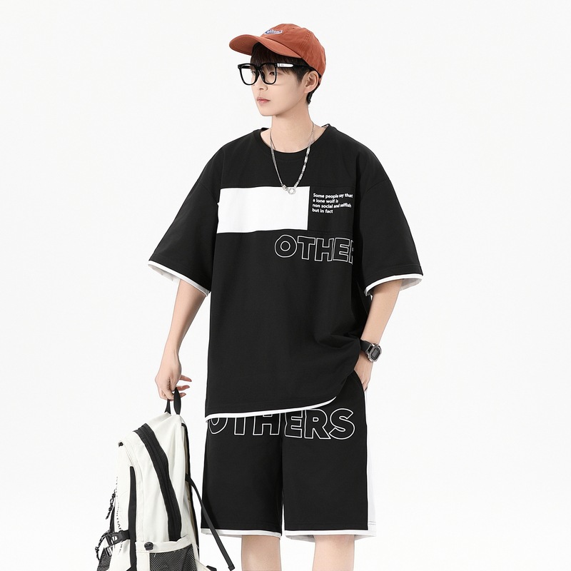 Traje informal holgado de manga corta para hombre, pantalones cortos de manga corta con conjunto de dos piezas, color contrastante, fresco, de verano