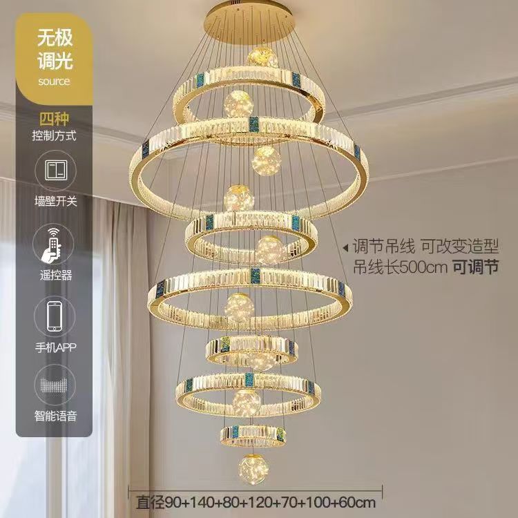 リビングルームの大型シャンデリア、モダンでシンプルな中空多層階段照明器具、二階建てのヴィラクリスタルシャンデリア|undefined
