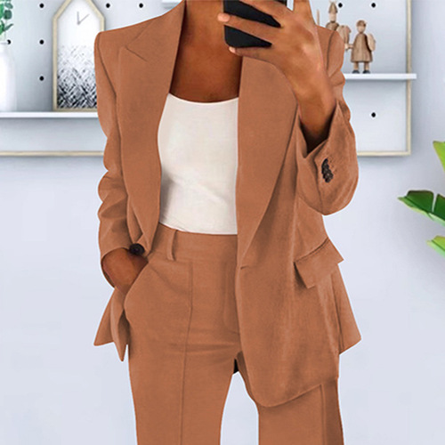 Spring and Autumn New Arrival European and American Style Fashion Solid Color Slim-Fit Cardigan Elegant Suit Jacket Women's Suit Set