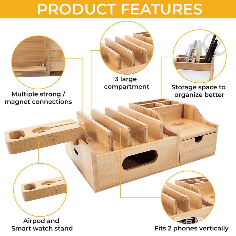 Bamboo Charging Station Wooden Base Drawer Earplug Watch Bracket Wooden Desktop Charging Base Storage Rack 2