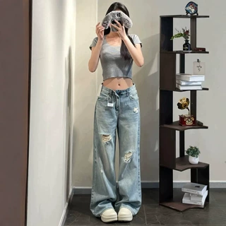 浅蓝色设计感宽松直筒破洞牛仔裤女夏薄款2026新款高腰垂感阔腿裤