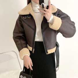 欧美风2021冬新款潮时尚羊羔毛机车服双面夹克外套女跨境外贸批发