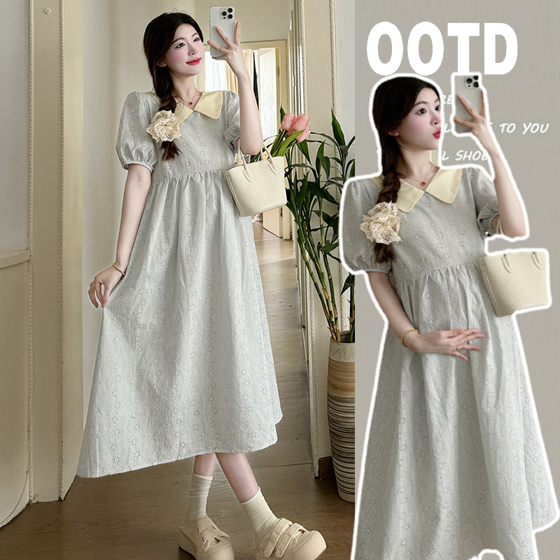 Maternity Dress Summer Korean Style Gentle Retro Temperament Contrast Color Doll Collar Loose Slim Dress