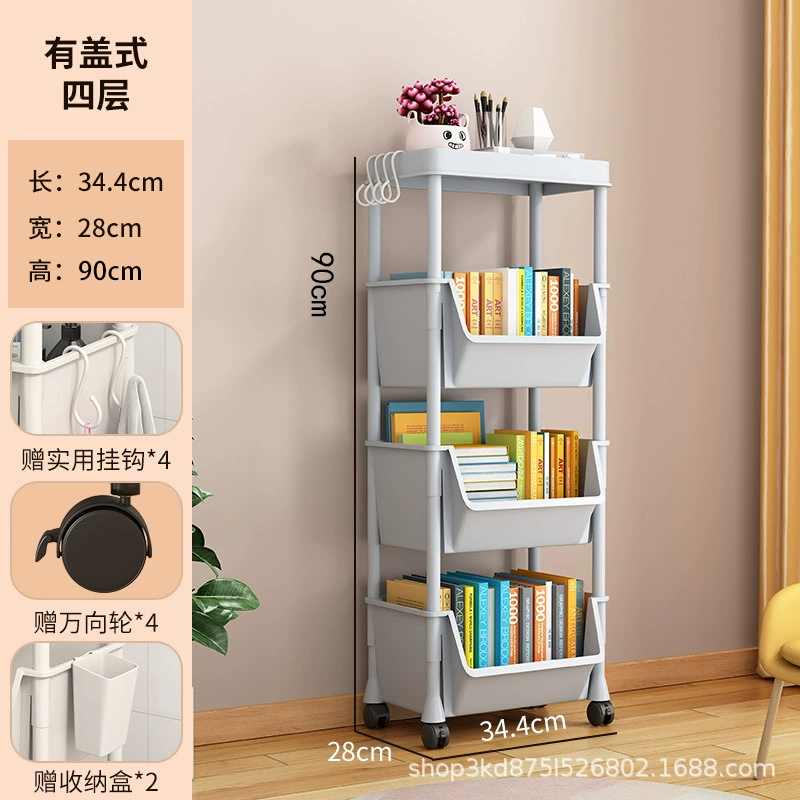 Мобильный напольный стеллаж-каретка, многоярусная полка для спальни и кухни с крючками