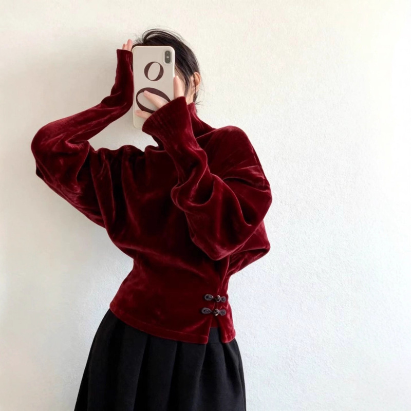 New Chinese-Style National Style Christmas and New Year Wine Red Velvet Top with Buttoned Slits and High Collar for Women, Winter Base Layer Blouse
