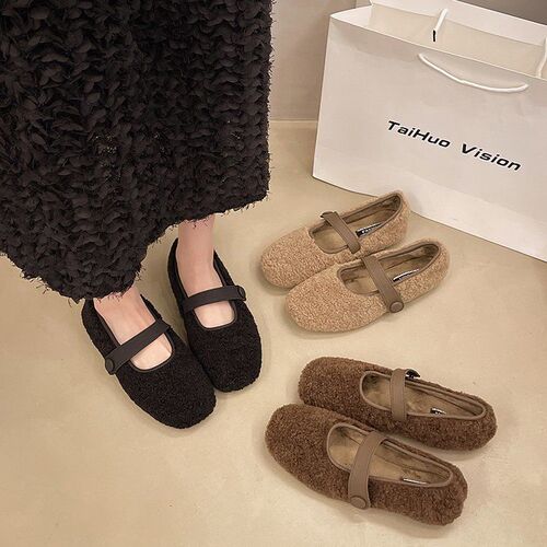 French new-style fuzzy shoes for women, summer outerwear, new warm flat sole women's single shoes with new design