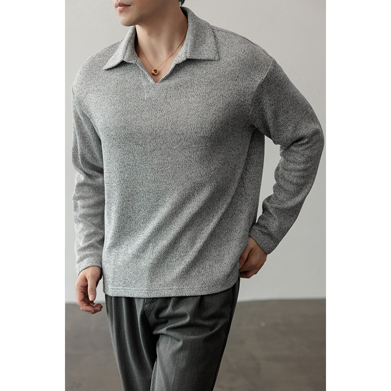 Hong Kong Style Casual Old Money Style V Neck Wheat Texture Lapel Large Size Long-Sleeved T-Shirt Men's T24506-Special P43 Control 79