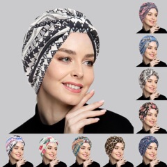 Amazonの新しいヒョウ柄スクエアインディアンハットイスラム教徒ターバンハットサテン裏地ヨガハット包頭帽子