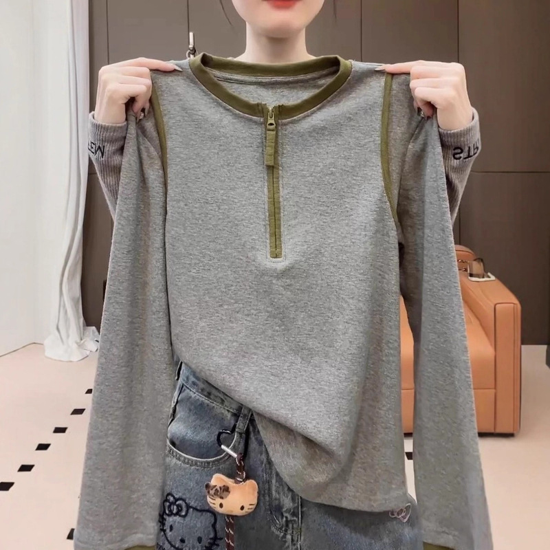 Plus-Size Women's Stylish Color-Block Half-Zip Long-Sleeve T-Shirt, Autumn/Winter 2025, Slimming and Versatile Base Layer Top