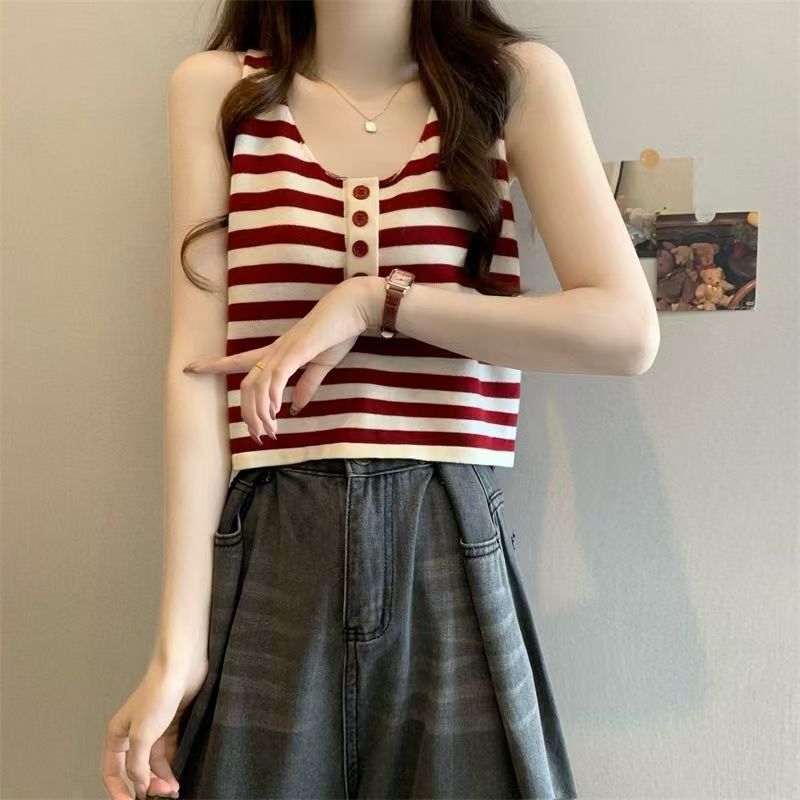 Dopamine Thin Striped Camisole Women's Outerwear Summer New V-Neck Slim Short Sleeveless Knit Top
