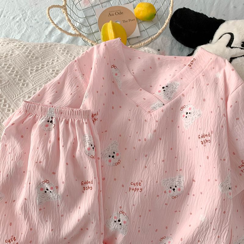 Vietnam transfronterizo transmisión en vivo estilo caliente verano con cuello en V nube pijamas de algodón pantalones de manga corta para mujer traje de servicio a domicilio para estudiantes de dibujos animados