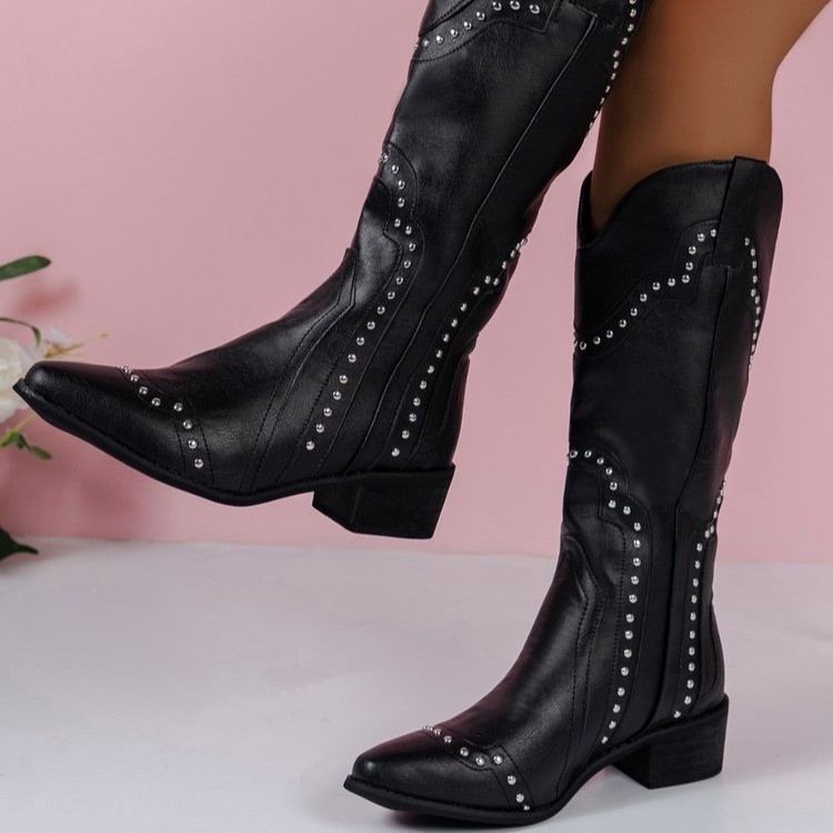 Autumn retro denim universal high boots with studs pointed-toe