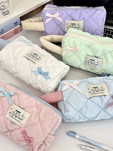 Capacious Pencil Case, Handheld Storage Bag with Bow Accent, Quilted Design, Multiple Colors