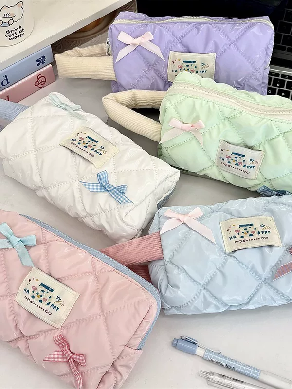 Capacious Pencil Case, Handheld Storage Bag with Bow Accent, Quilted Design, Multiple Colors