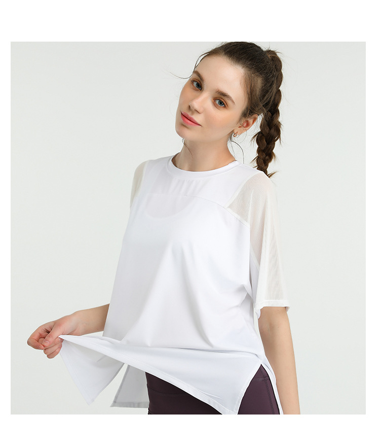 stretch loose short-sleeved mesh stitching yoga t-shirt nihaostyles clothing wholesale NSJLF85178