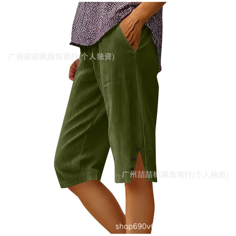 Women's Summer Corduroy Solid Color Loose Straight-Leg Pants with Pockets, Casual Versatile Side Slit Buttoned Five-Point Pants