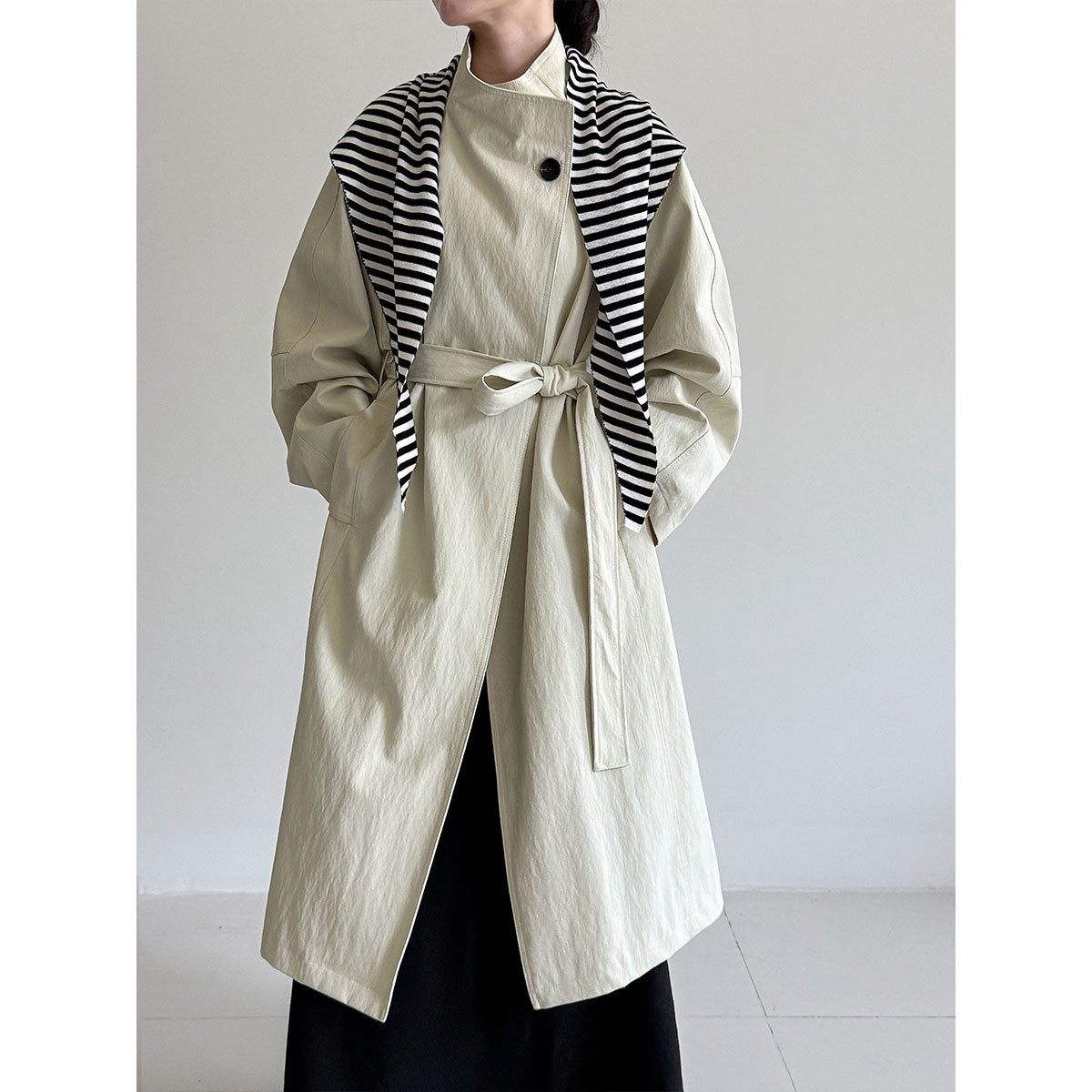 NS 韩系极简百搭立领宽松大衣女秋新款廓形高级感中长款风衣3712