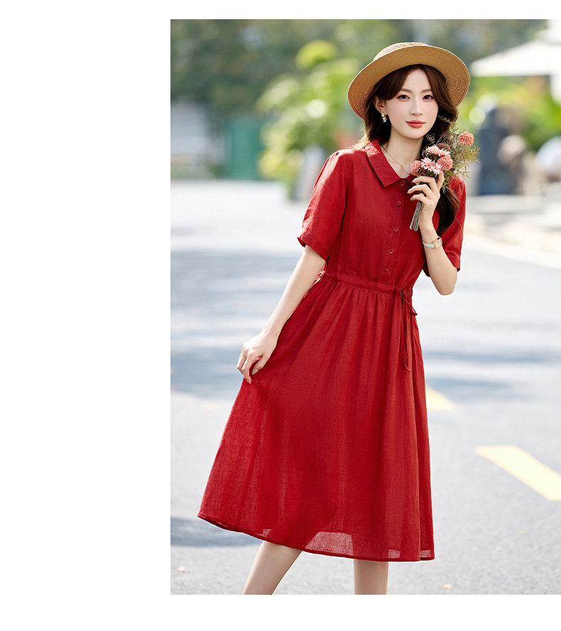 Đầm suông nữ midi dây rút eo cổ điển tay ngắn — Xanh lông mòng đen, màu đỏ chi tiết 20