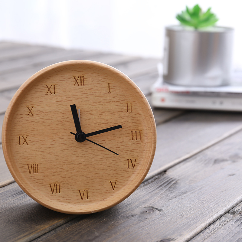 Reloj de mesa silencioso de haya, reloj de madera maciza, decoración, sala de estar, registro minimalista moderno, escritorio transfronterizo, cuadrado redondo