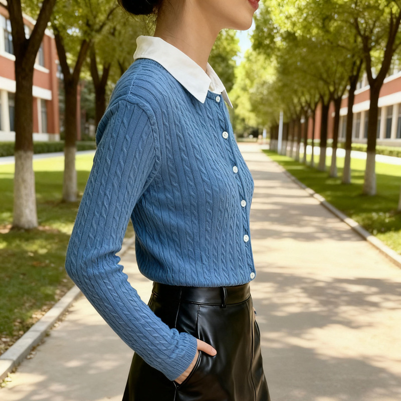 Bm Style Round Neck Sky Blue Single-Breasted Twist Knitted Cardigan Women's Slim Fit Sweater Base Top