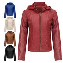 亚马逊欧洲站女皮衣女加绒皮外套带帽女修身皮夹克大码时尚女短款