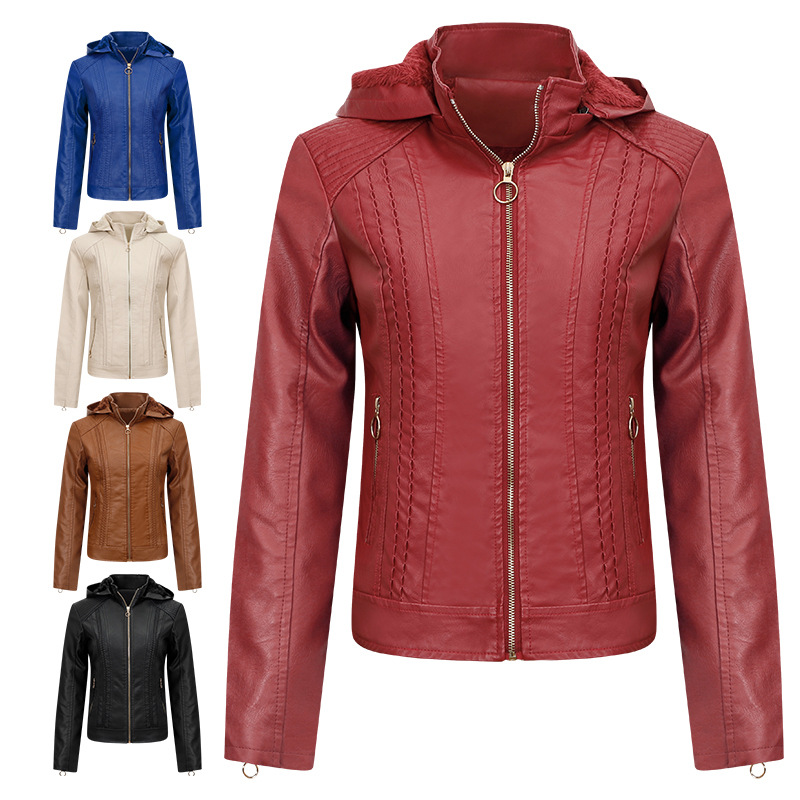 亚马逊欧洲站女皮衣女加绒皮外套带帽女修身皮夹克大码时尚女短款